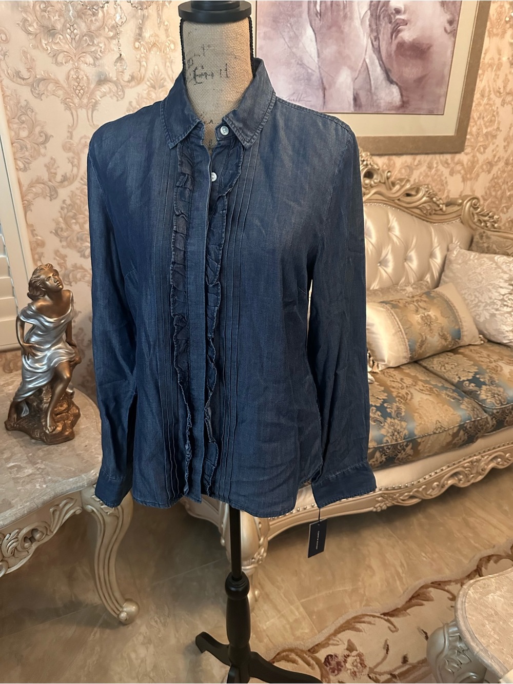 Tommy Hilfiger Blue Ruffle-Trim Denim Button-Front Jacket